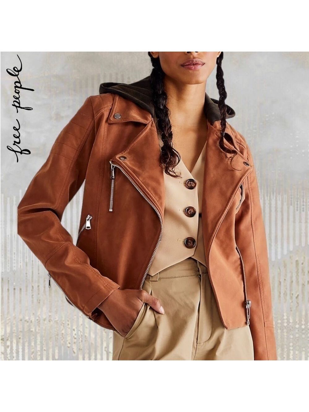 FREE PEOPLE NWT Harriett Moto-Style Brown Vegan Suede, Black Hood Jacket/Md - Picture 3 of 16